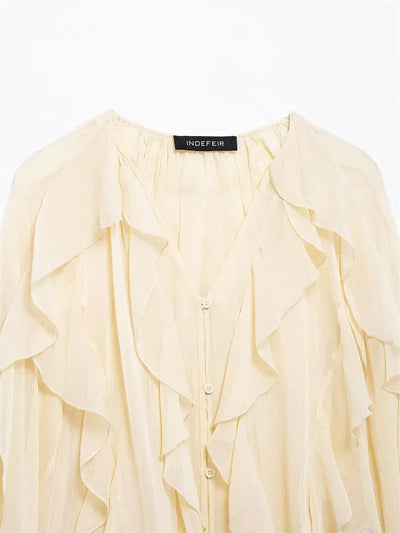 Ruffles Elegant Shirts & Blouses for Women 2025 Long Sleeve Semi-Transparent Tops For Women Spring Shirt And Blouse Top