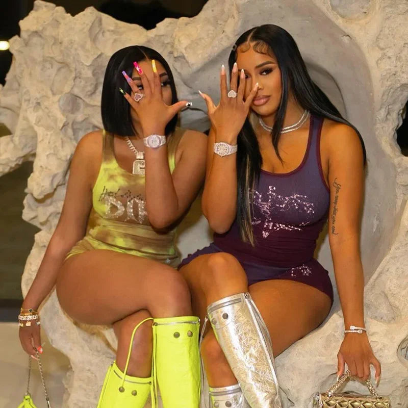 Sexy Biker Short Set Outfit Women 2025 Summer Fashion Tie Dye Print Diamonds Letter Rib Tank Top and Shorts 2 pcs Workout Sets