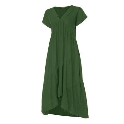 Bohemian Summer Dress for Women V Neck Vestidos Ladies Streetwear Solid Ruffle Dresses Asymmetrical Loose Robe Women Clothing