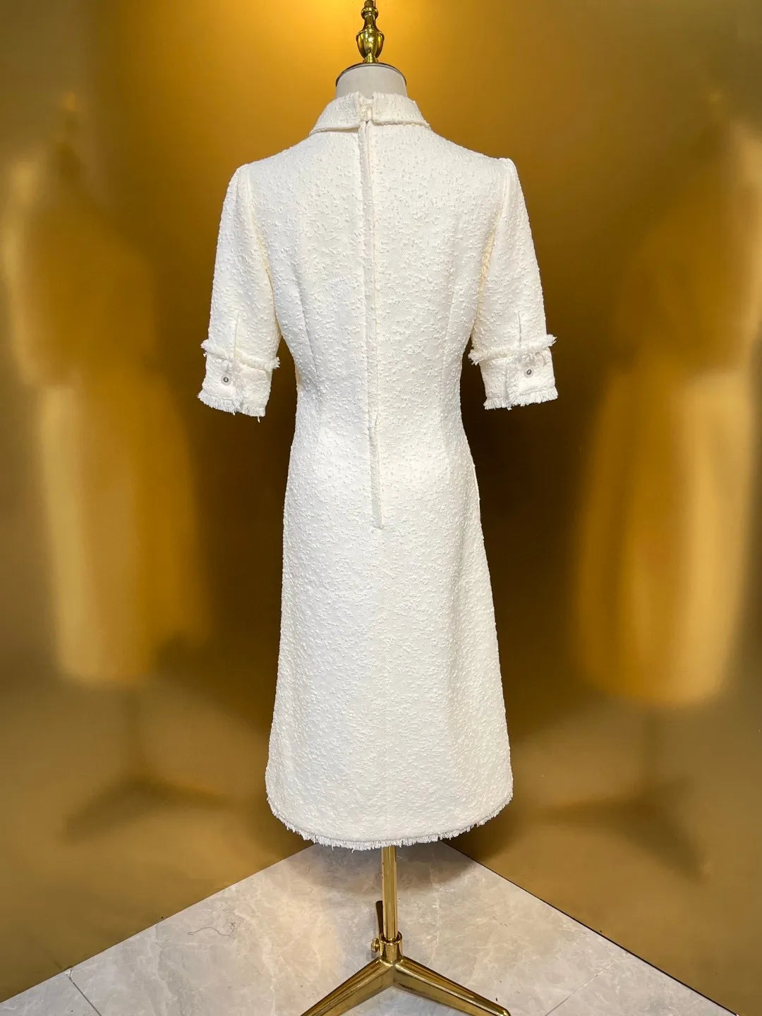 HIGH QUALITY Luxury Designer Autumn Women Cotton Blend  Elegant Tweed Shirt Midi Dress Short Sleeve In White Runway Fashion 2024