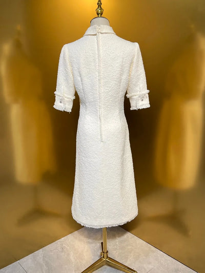 HIGH QUALITY Luxury Designer Autumn Women Cotton Blend  Elegant Tweed Shirt Midi Dress Short Sleeve In White Runway Fashion 2024