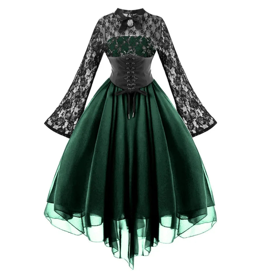 Renaissance Court Gown Victorian Medieval Costume Women Halloween Cosplay Full Sleeve Lace Dress Birthday Party Princess Suit