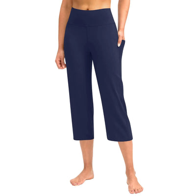 Women  Elastic High Waist 3/4 Pant Casual Active  Fit Wide Capris Leg Pants Trousers With Pockets Pants Woman брюки женские