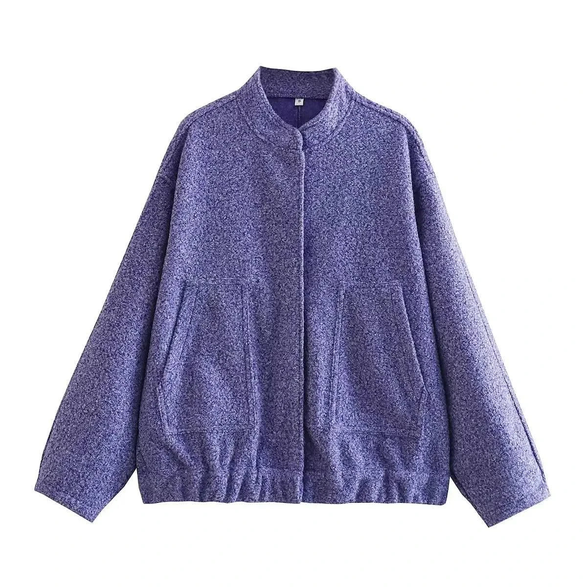 Woman's Oversized Bomber Jacket Autumn New Round Neck Long Sleeve Pocket Hidden Button Loose Jackets Coat Female Outerwear