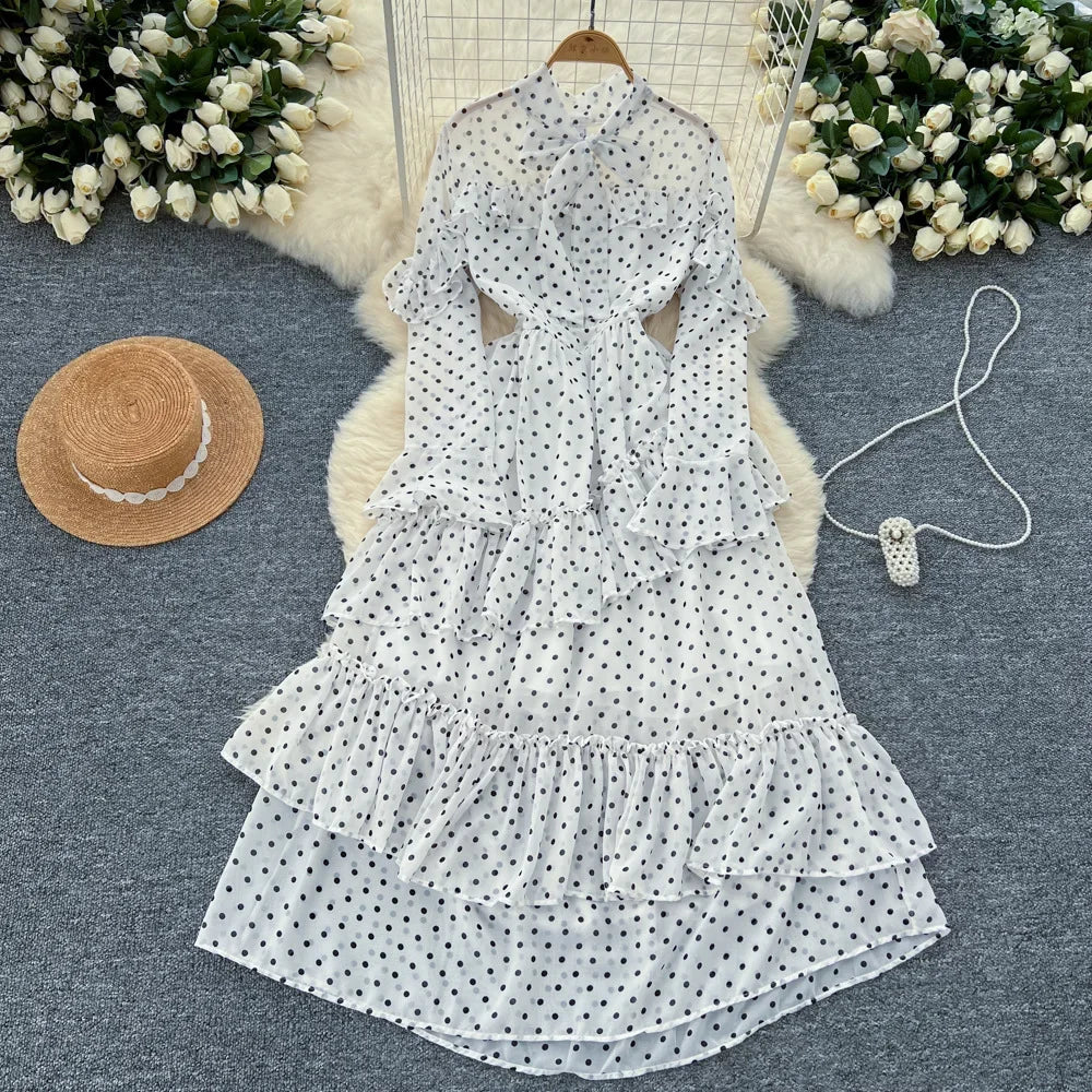 Dot Dress Women Long Dresses Print Chiffon Lace Up Flare Sleeve A Line Vestidos Streetwear Elegant Splice Y2k High Waist Party