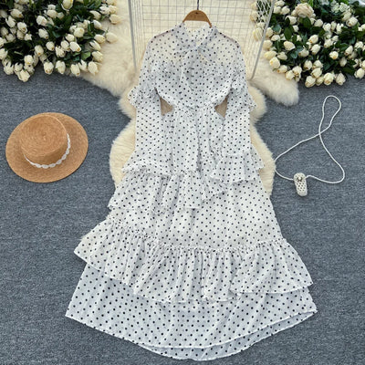 Dot Dress Women Long Dresses Print Chiffon Lace Up Flare Sleeve A Line Vestidos Streetwear Elegant Splice Y2k High Waist Party