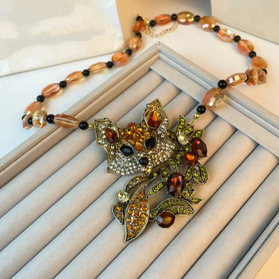 Luxury Crystal Cat Necklace Earrings Beaded Exaggerated Rhinestones Pendant Necklace Neck Jewelry Accessories