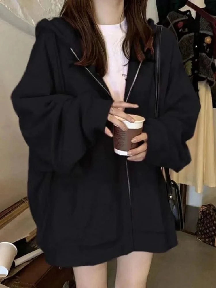 Korean Fashion Zipper Hood Sweatshirt Women Autumn Long Sleeve Tops Casual Y2K Hoodies Streetwear Harajuku Loose Jackets Coats