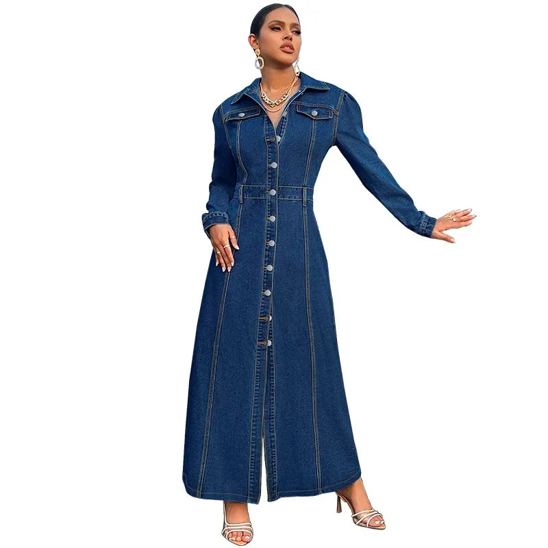 Denim Dress Women Long Dresses Spring Turn Down Collar Elegant Work Splice Vestidos Single Breasted A Line Y2k Tops Streetwear