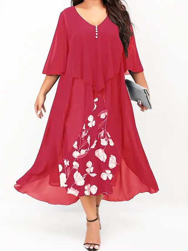 Summer Plus Size Dresses For Women New Casual Patchwork Flower Print Long Sleeve Dress Retro Elegant Female Dresses