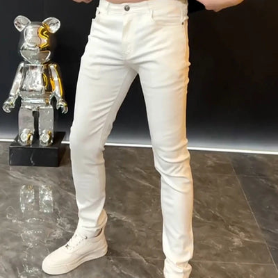 European Fashion White Jeans Men 2024 Summer Solid Color Streetwear Biker Elastic Skinny Zips Simple Cacual Long Denim Trousers