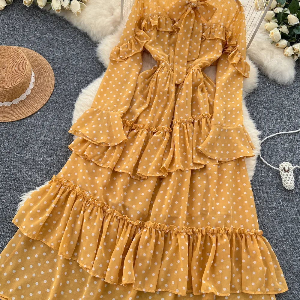 Dot Dress Women Long Dresses Print Chiffon Lace Up Flare Sleeve A Line Vestidos Streetwear Elegant Splice Y2k High Waist Party