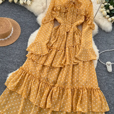 Dot Dress Women Long Dresses Print Chiffon Lace Up Flare Sleeve A Line Vestidos Streetwear Elegant Splice Y2k High Waist Party