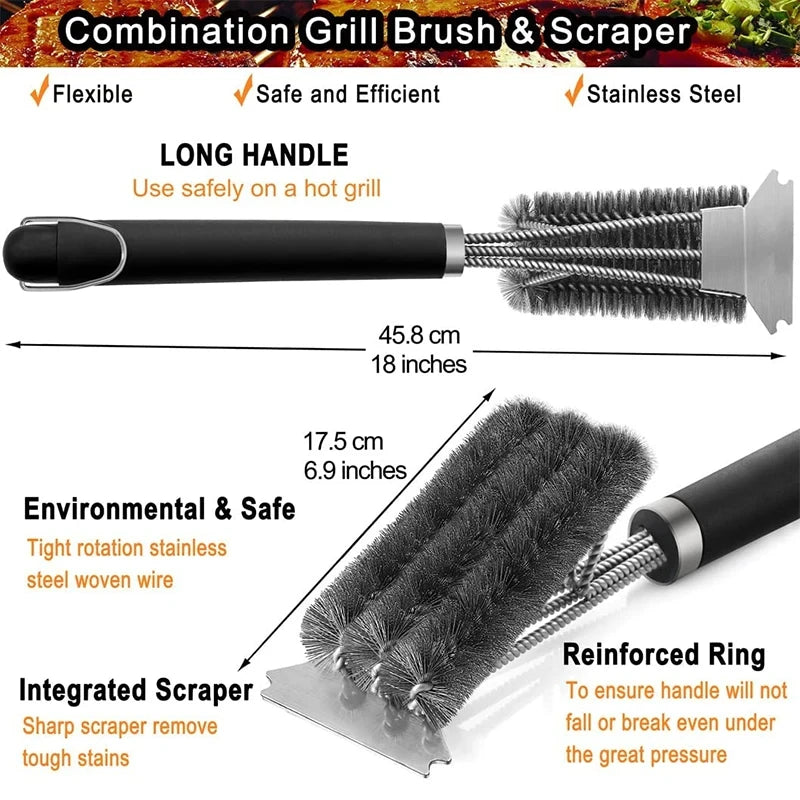 BBQ Grill Barbecue Kit Cleaning Brush Stainless Steel Cooking Tools Kitchen Accessories Wire Bristles Triangle Cleaning Brushes
