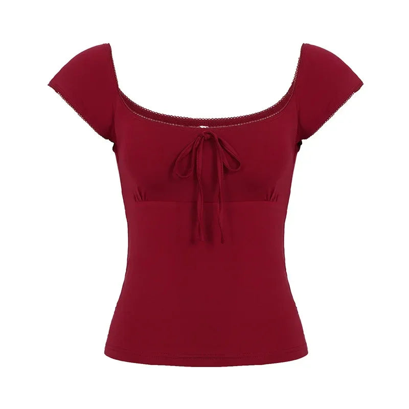 Fashion Solid Simple Sweet Women T-Shirts Short Sleeves Slim Square Neck Chic Bow Causal Basic Blouses