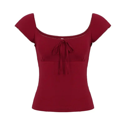 Fashion Solid Simple Sweet Women T-Shirts Short Sleeves Slim Square Neck Chic Bow Causal Basic Blouses