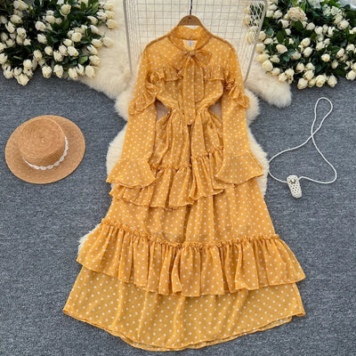Dot Dress Women Long Dresses Print Chiffon Lace Up Flare Sleeve A Line Vestidos Streetwear Elegant Splice Y2k High Waist Party