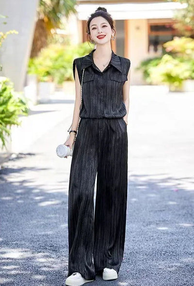 Wear To Work Shirt Ladies Trouser Black Women's Blouse and Pants Two Piece Set Professional Wide Leg Office Baggy Stripe Outfit