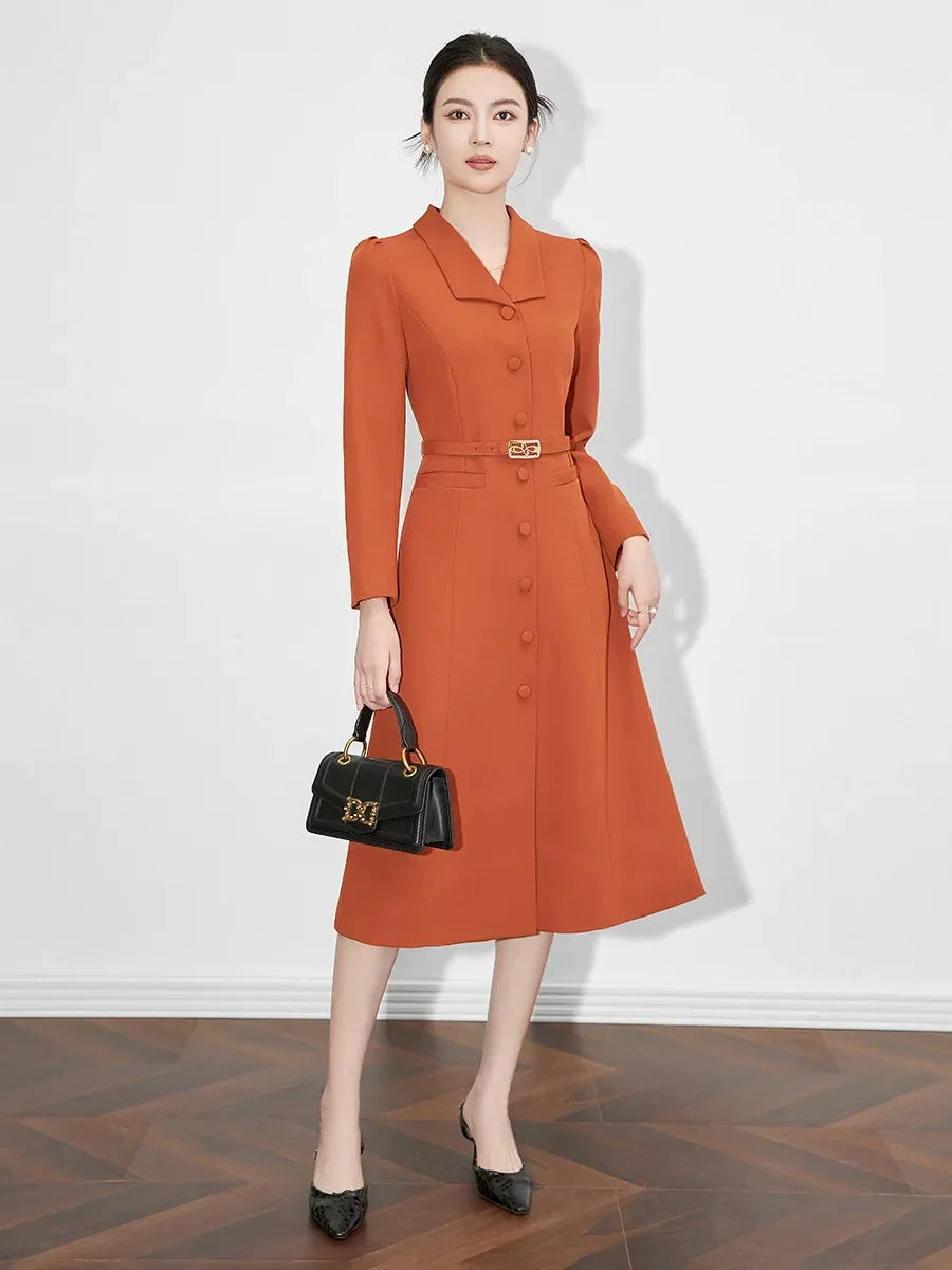 Dresses For Women 2024 Luxury Brand Autumn Long Dress Women's Turn-down Collar Sleeves Single Breasted Sashes Office Lady