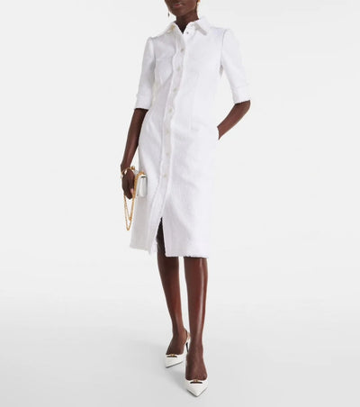 HIGH QUALITY Luxury Designer Autumn Women Cotton Blend  Elegant Tweed Shirt Midi Dress Short Sleeve In White Runway Fashion 2024