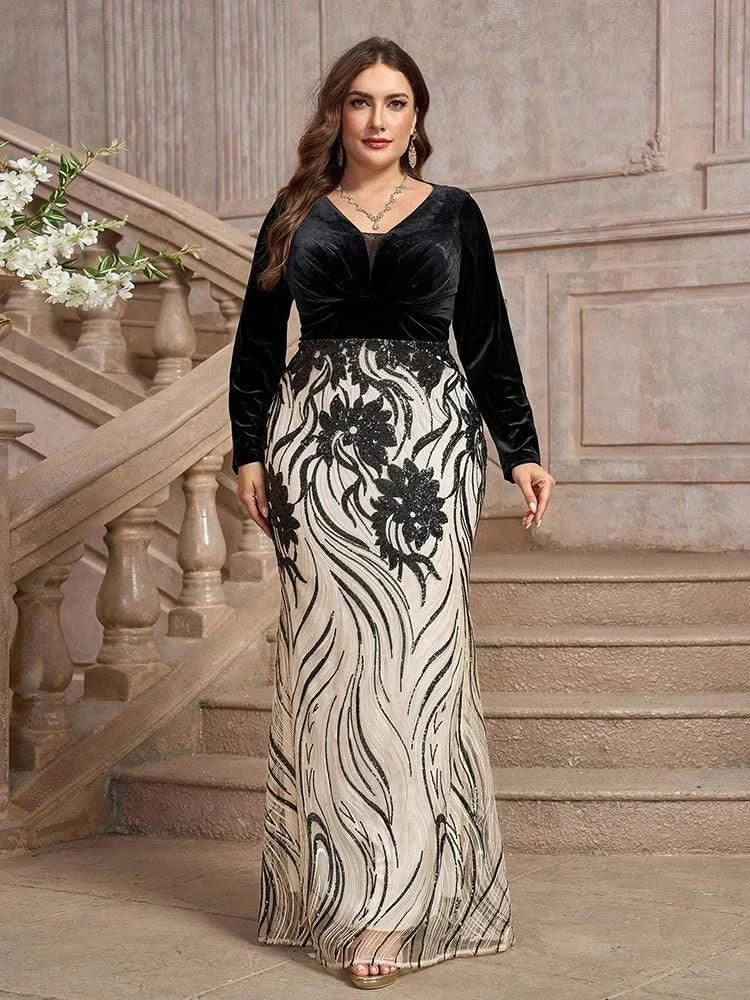 TOLEEN 2024 New Luxury Elegant Women Embroidery Long Sleeve Party Maxi Dress Plus Size Formal Evening Gown (Heavily Embellished)