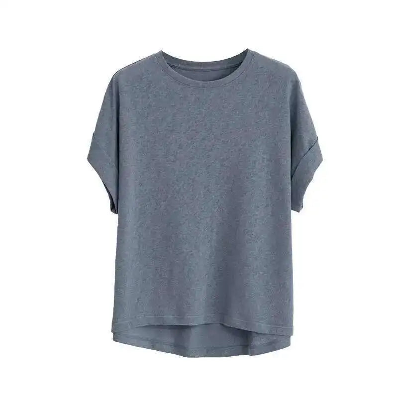 Summer Women Cotton Linen T-shirt Round Neck Thin Short-sleeved Transparent Loose Bottoming T-shirts Tops