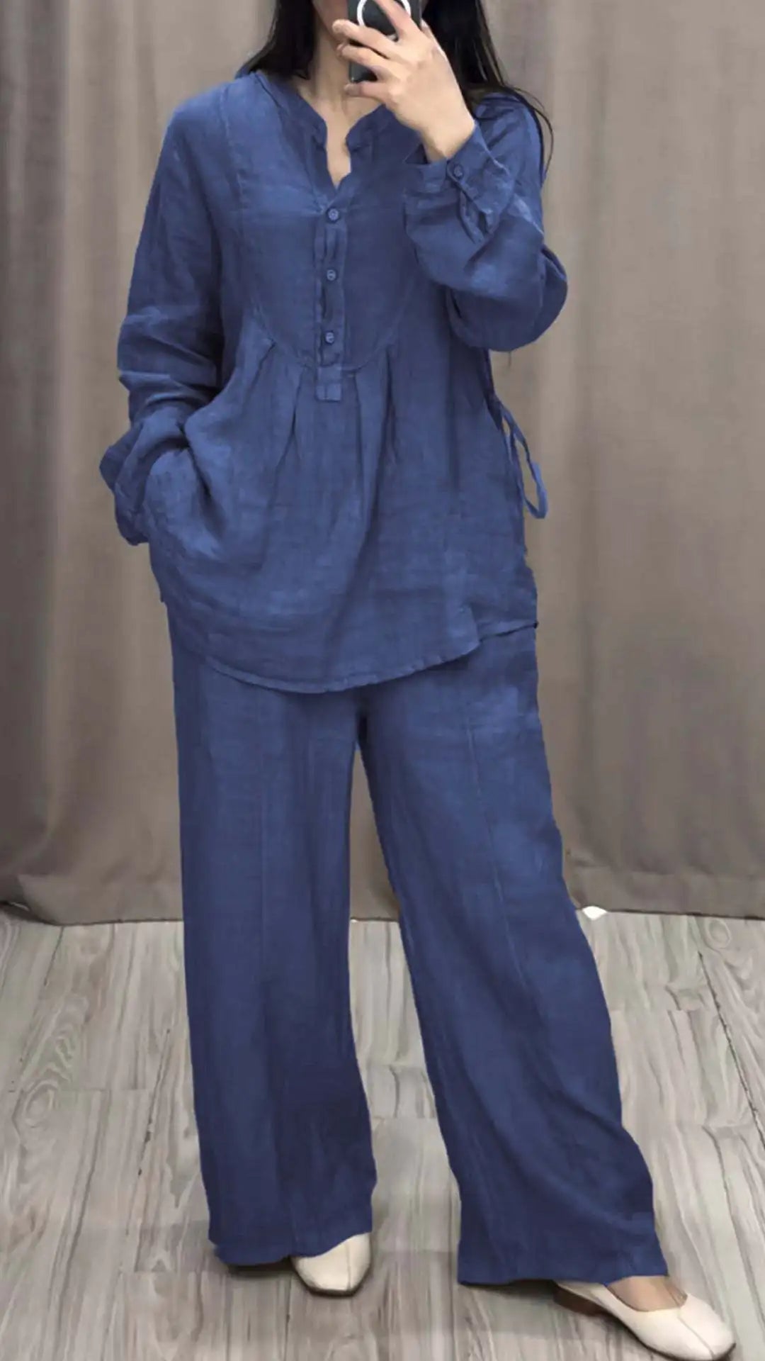 Women's 2 Piece Set Fashion Office Lady Cotton Linen Long-sleeve Casual Loose Wide-leg Pants Suit 2024 Spring Autumn Women Sets