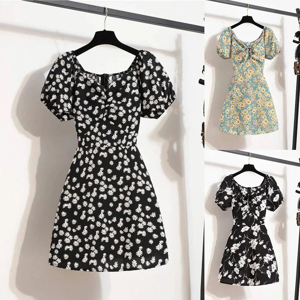 Women Mini Dresses Summer Fashion Female Vestidos Print Floral Chiffon Dresses Shirring Pleated Short Puffy Sleeve Casual Dress