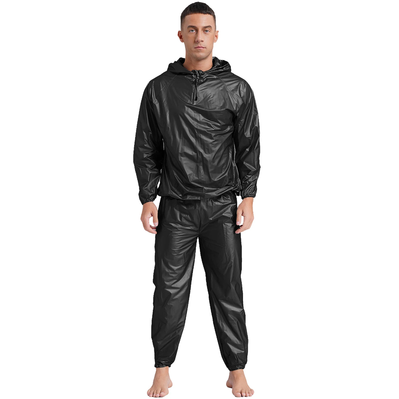 Mens Sauna Sweat Outfit Long Sleeve Hooded Jacket Outerwear and Elastic Waist Long Pants PVC Sweating Suit for Gym Workout