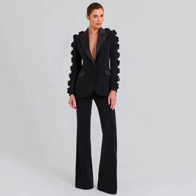 Elegant Women's Black Blazer Suit with 3D Floral Sleeve Embellishments Satin Lapel Slim Fit Two-Piece Set for Formal Party Wear