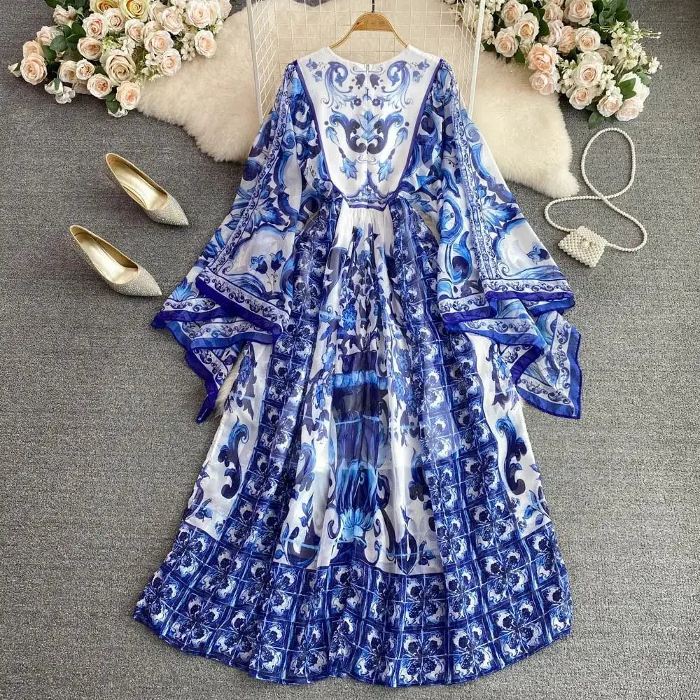 Women Clothing O Neck Flare Sleeve Large Swing Maxi Dress New Summer Bohemian Blue And White Porcelain Print Chiffon Vestidos
