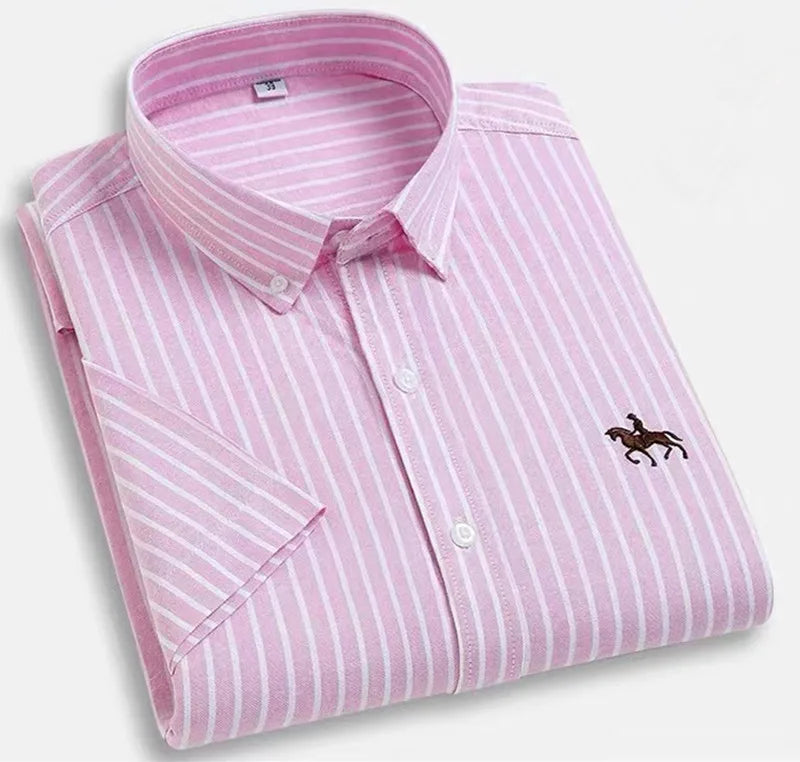 Oversized 5XL 6XL Oxford Shirts For Men 100% Cotton Short Sleeve Summer Leisure Striped Office Social Formal Blue Man Clothing