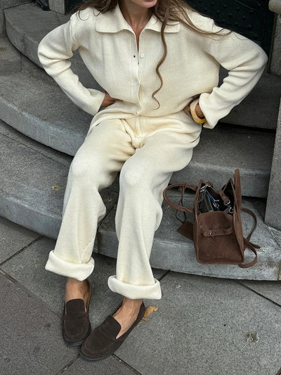 2025 Autumn Street Outfits Knitted Cardigan Pants Sets Women Single Breasted Lapel Sweater High Waist Wide Leg Trousers Suit