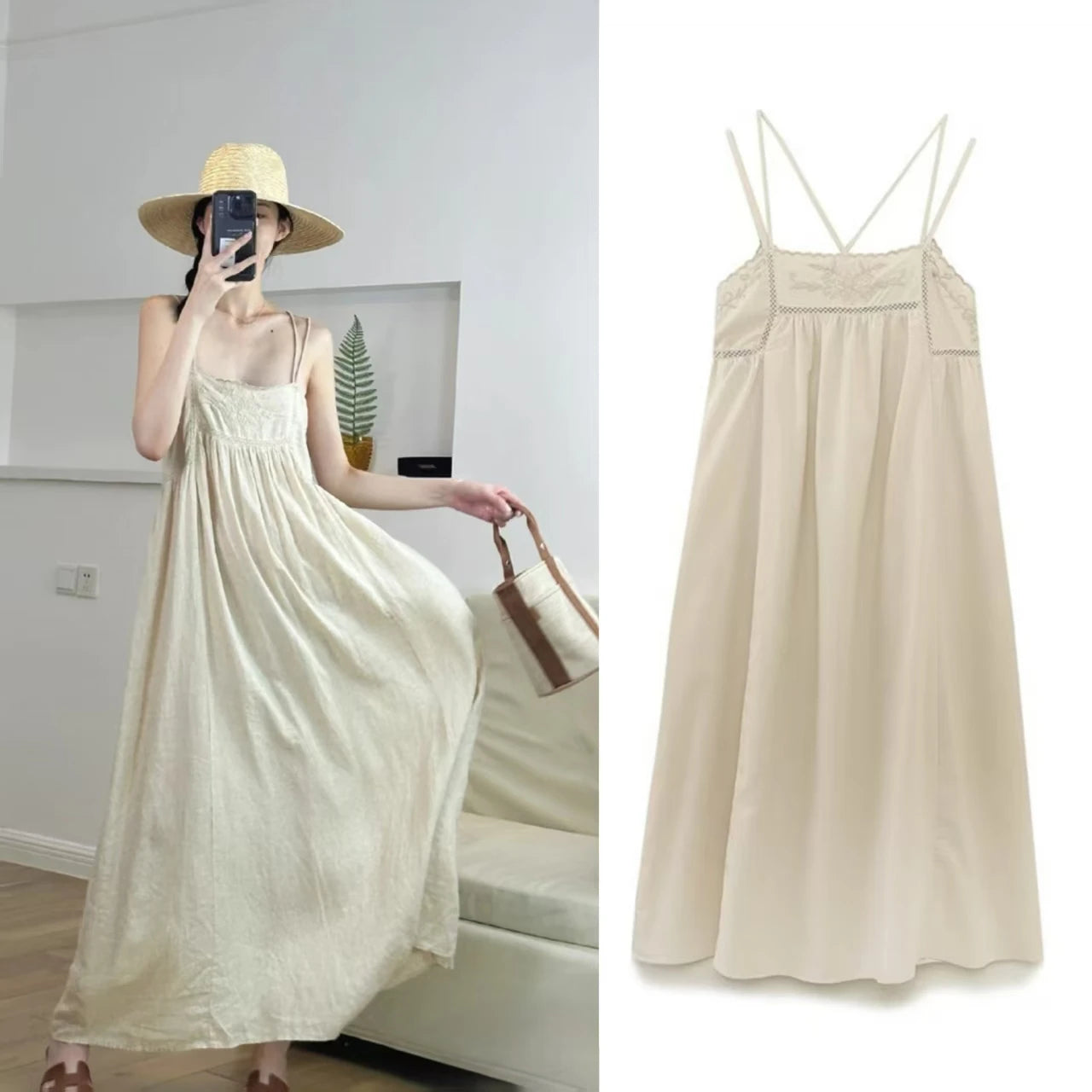 Women's Dresses New Summer 2025 Embroidered Decorative Midi Dress Sexy Suspenders Open Back Design Personality and fashion