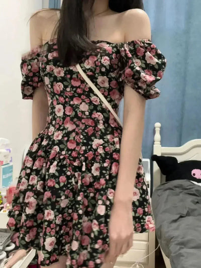 2025 New Short Mini Skirt French Style Bubble Sleeve Floral Dress Sexy Tea Break Small Stature Women Summer Dresses - Elanique