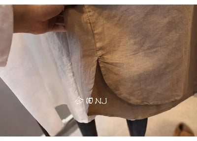 Cotton Linen Women Medium-Length White Polo Shirt Women Large Size Women Clothing Spring Autumn Design Niche Long-Sleeved Shirt