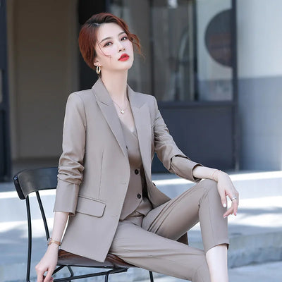 Sets for Women 3 Pieces Autumn Fashion Peak Lapel Long Sleeve Blazer Vest & Elegant High Waist Work Pants Set Daily Office Lady