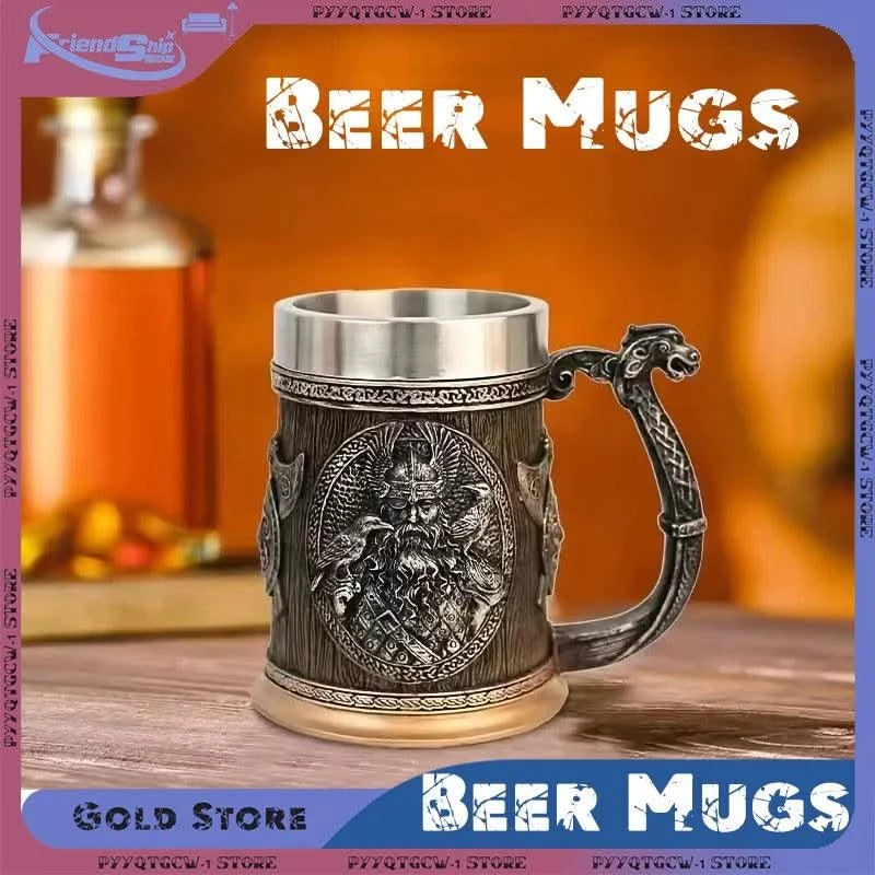 Coffee Beer Mugs Viking Retro 3D Personalized Stainless Steel Mug Big Capacity Water Cups Simulation Wooden Juice Cup Home Items
