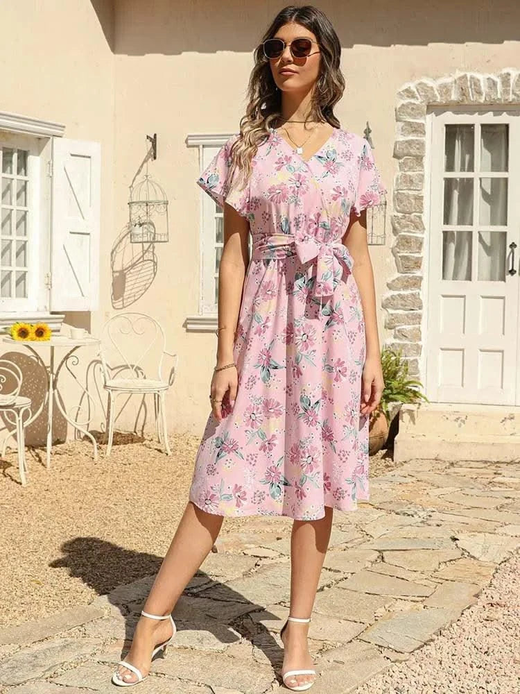 Floral Print Midi Dress Women Robe Elegant Chic