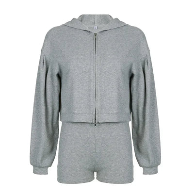Solid Sport 3 Piece Set Crop Vest Hoodie Tracksuit Women Casual Sweatshirt Coat Mini Short Matching Set Sportswear 3 PCS Outfit