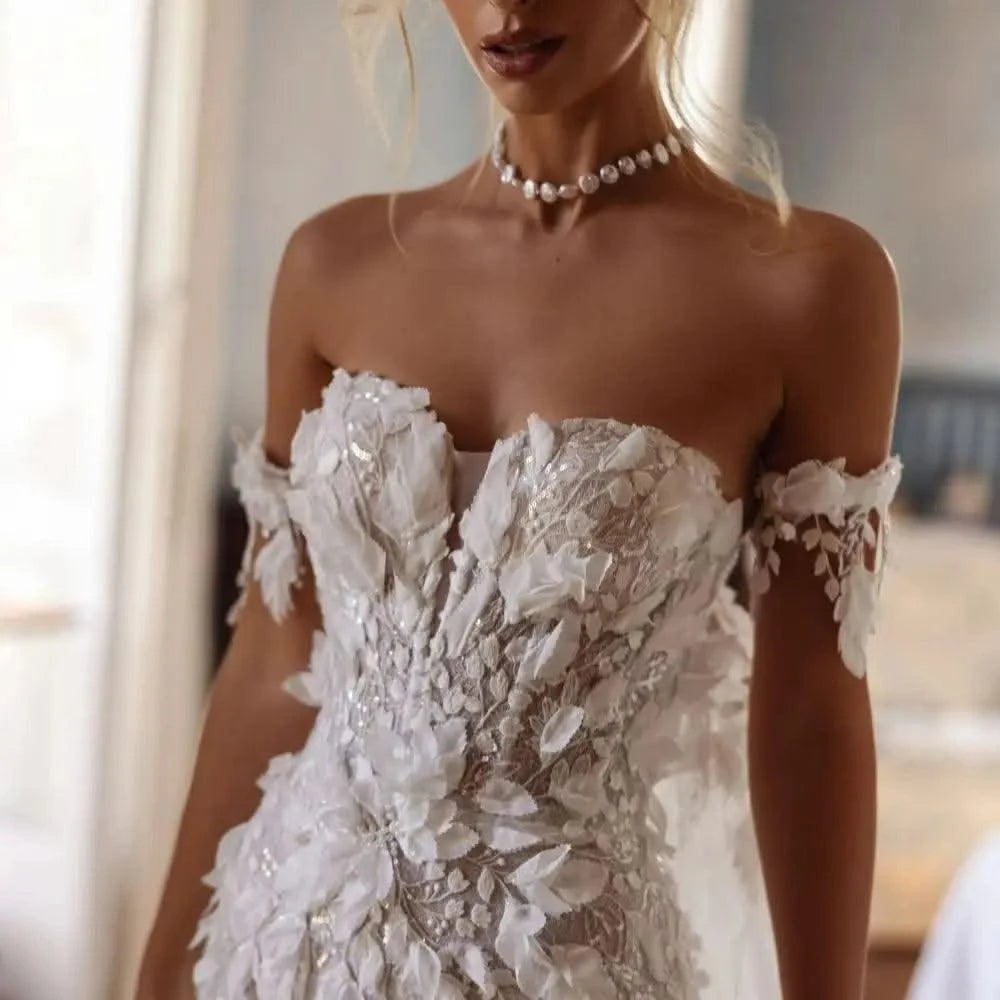 Shiny 3D Flower Wedding Dress With Train Mermaid Long Bridal Gown