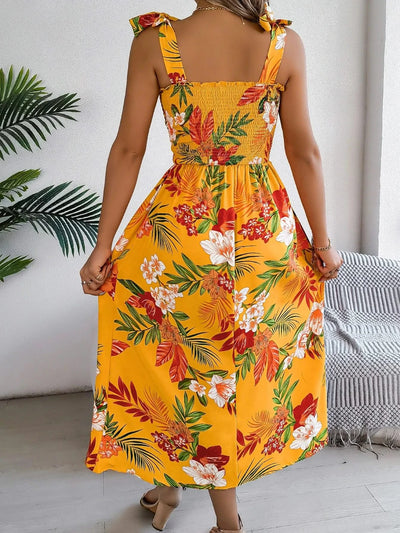 Spring Summer Floral Print Long Dress Lace up Sleeveless Vacation Dresses for Women