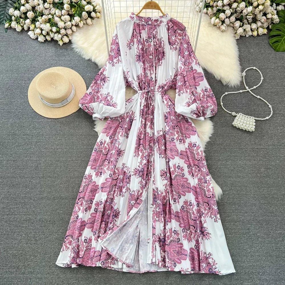 Retro Elegant Sashes O Neck Single Breasted Print Dresses Long Lantern Sleeves A-line Casual High Waist Women Autumn Clothing
