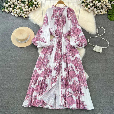 Retro Elegant Sashes O Neck Single Breasted Print Dresses Long Lantern Sleeves A-line Casual High Waist Women Autumn Clothing