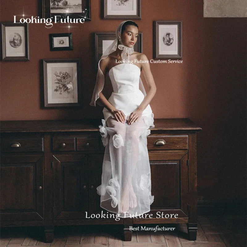 Customized Modern Sheath Satin Wedding Dresses Sexy Open Back Strapless Bridal Gown Pleated Tulle Flower Sleeveless Vestido 2025