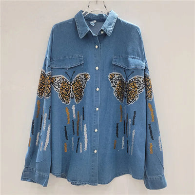 ANJY Autumn New Women Chic Two-Piece Set Studded Diamonds Streetwear Denim Shirt Drawstring Straight Elegant Casual Pants  A9654