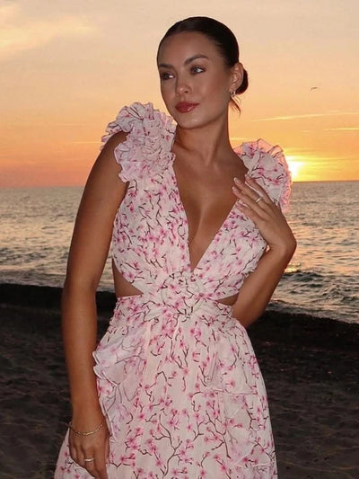 Summer Sleeveless Floral Dress for Women Deep V Neck Flower Print Backless Ruffles Long Dresses Beach Holiday Party Sundress