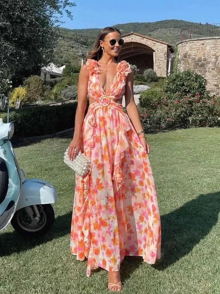 Summer Sleeveless Floral Dress for Women Deep V Neck Flower Print Backless Ruffles Long Dresses Beach Holiday Party Sundress