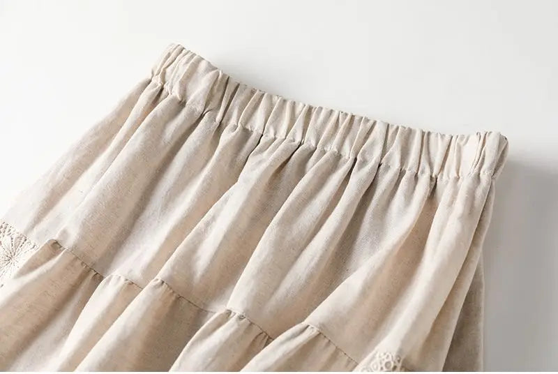 Vintage Chic Embroidery Linen Cotton Long Skirts Women Summer Elastic High Waist Pleated Maxi Skirt Female Elegant A-Line Skirt