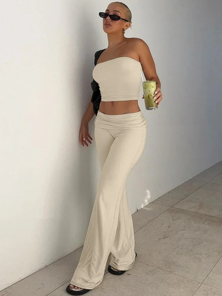 Women's Clothing 2025 Spring Fashion New Item Solid Color Strapless Top Flared Pants Fashionable Slim Fit Sports Suit for Women